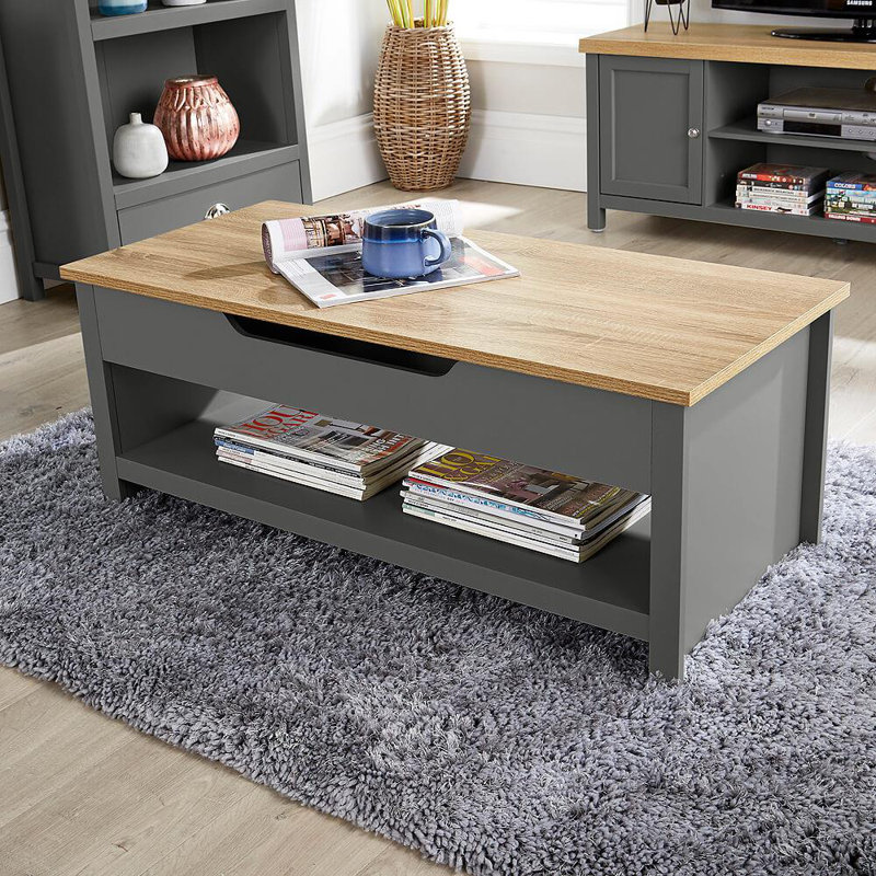 Grey Oak Coffee Table Lift Up Occasional Reception Storage Shelf Avon, Dark Grey
