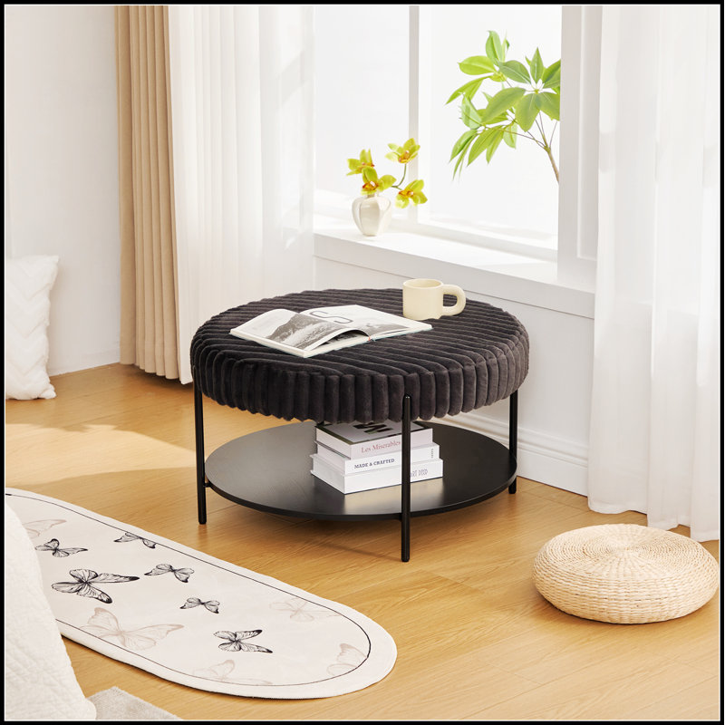 30.9 Wide Upholstered Round Ottoman Coffee Table With Black Metal Legs, Wooden Open Storage Shelf, And Faux Fur For Living Room Bedroom Entryway Hotel