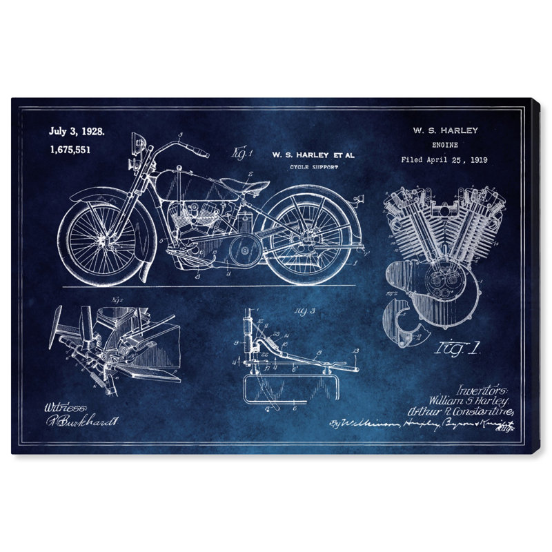 «Harley Engine 1923 Set Horiz Blue Chalkboard» par Oliver Gal, reproduction d'impression sur papier, Toile tendue