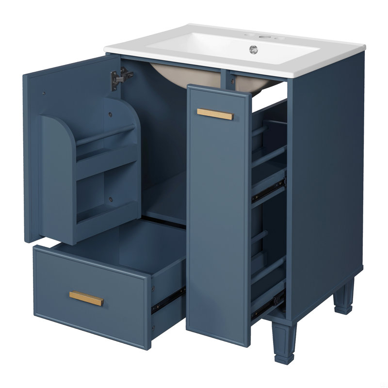 Meuble-lavabo 24 po avec lavabo, armoire de salle de bain avec tablette de porte, tiroir profond, panier coulissant à 2 niveaux