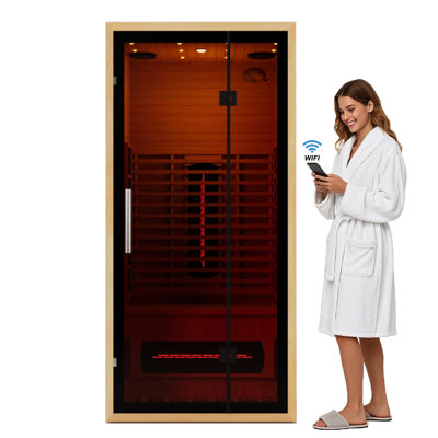 Sauna infrarouge à spectre complet pour 1 personne Hylivesaunas, sauna intérieur en bois de pruche canadien à contrôle Wi-Fi amélioré, thérapie par lumière rouge, haut-parleur, barre d'oxygène, lampe de lecture et 7 couleurs, 1350 W, instock américain 110 V