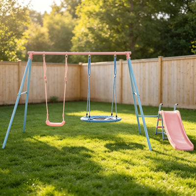 3-in-1 Kids Metal Swing Set with Slide and Saucer Swing, Outdoor Backyard Playground Equipment with Belt Swing for Ages 3+