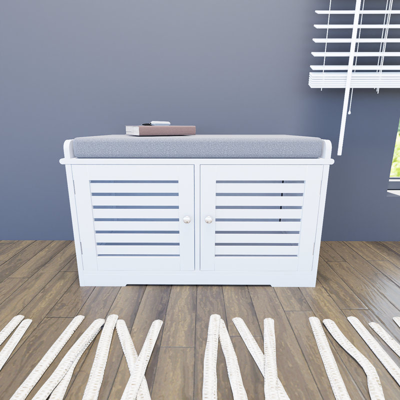 White Shoe Storage Bench With Padded Seat, Entry Bench With 2 Barn Doors