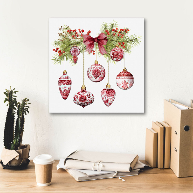 «Red Chinoiserie Christmas A» par Jean Plout, art mural sur toile, H 18 po x l 18 po