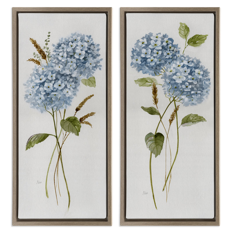 Ensemble de 2 toiles flottantes à motif de hortensias bleues, H 31 po x l 15 po, Cadre flottant orme Montalcino