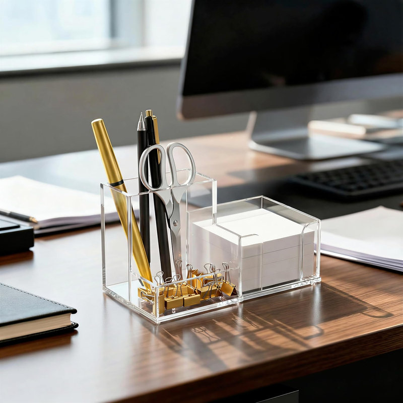 Porte-stylo en acrylique pour bureau, petit organisateur de bureau à 3 compartiments, accessoires de bureau transparents avec supports pour notes autocollantes