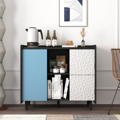 Buffet avec portes, 2 tiroirs avec panneau unique et 2 compartiments de rangement ouverts, armoire à café moderne pour la cuisine et la salle à manger
