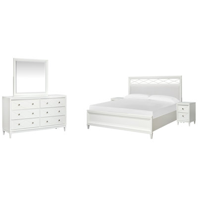 Grand lit à panneau tapissier 2 tables de chevet et commode double avec miroir paysage Colby