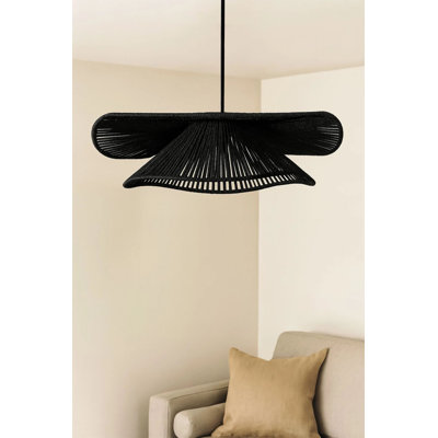 Elegant Adjustable Chandelier, Black Plastic Body, 19.7 x 6.7 inches | Macrame Cap, Height: 7.1 - 20.5 inches | E27 Socket, Max 40W | Perfect for Dining Room & Living Spaces, Stylish & Functional Design