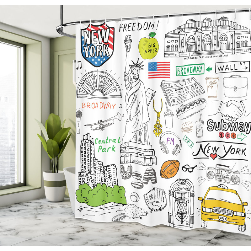 New York City Sketch Art Fabric Shower Curtain with Hooks
