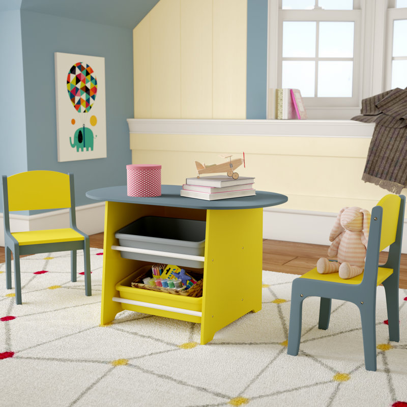 Kids 5-Piece Table & Chair Set with Storage Bins – Durable Construction – Easy to Clean – Ages 3–7”, Gray/Yellow