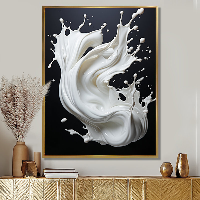 Art liquide noir et blanc - encre liquide, art mural abstrait, H 32 po x l 16 po x P 1 po, Toile avec cadre flottant or