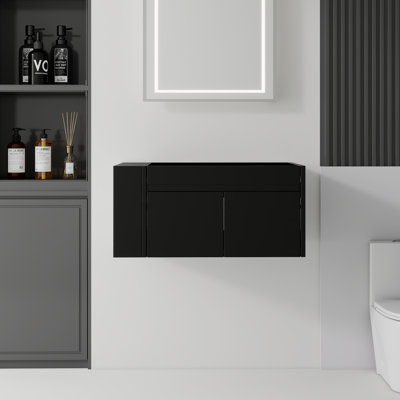 Armoire de meuble-lavabo mural 36 po en contreplaqué noir avec rangement à double porte et tablette latérale ouverte, armoire seulement