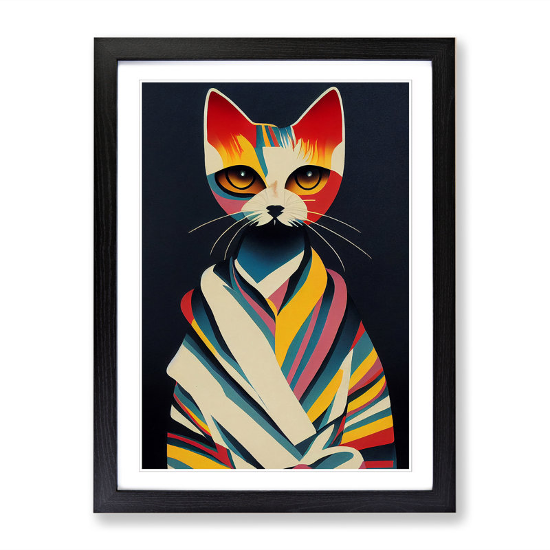 Cat Art Mid Century - Picture Frame Print, 46cm H x 34cm W x 2cm D, Walnut Framed