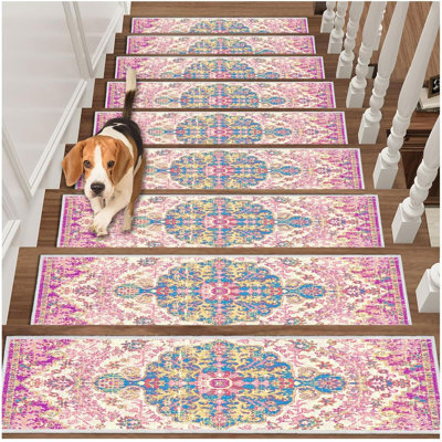 Non Slip Stair Treads Carpet Mat, 30In X 8In Indoor Stair Runners For Wooden Steps, Rubber Backing Edging Stair Rugs For Kids Elders And Pets(Pink/Beige,15PCS)