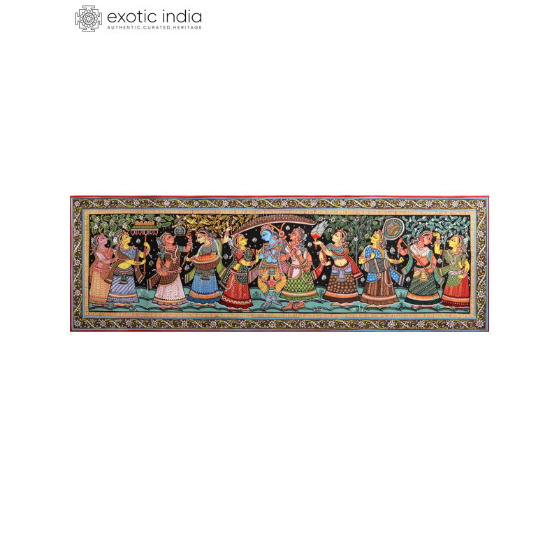 Krishna avec Gopis | Peinture Patachitra | Aquarelle sur toile faite à la main