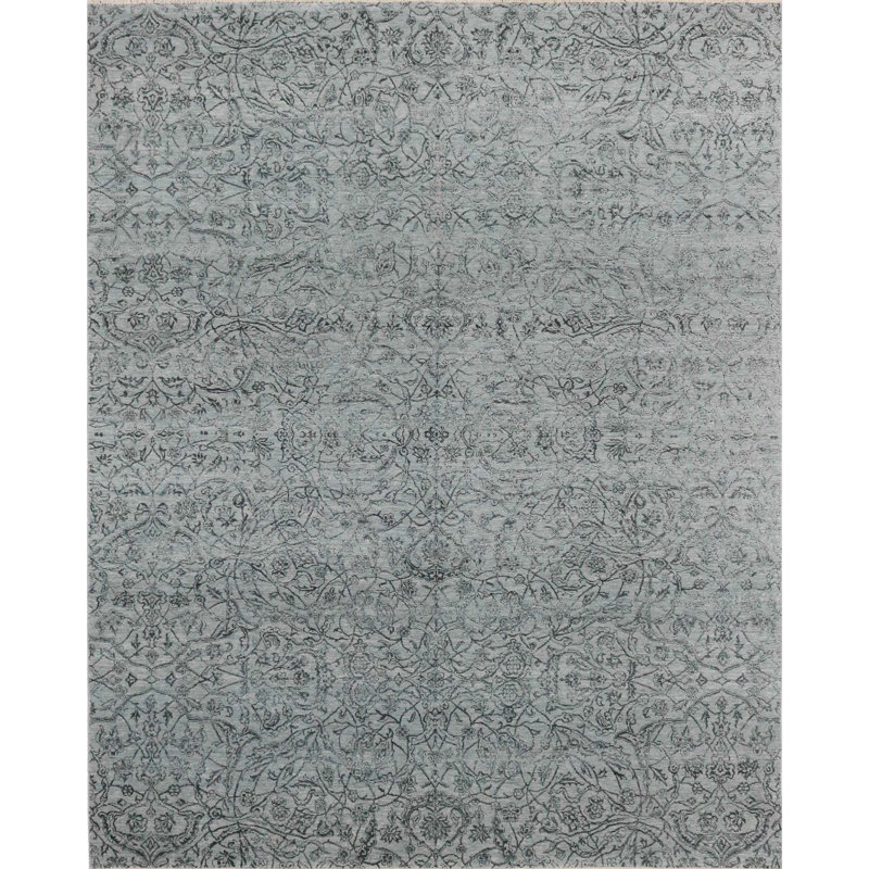 Hand Knotted Damask Area Rug in Charcoal/Blue, Rectangle 8' x 10'