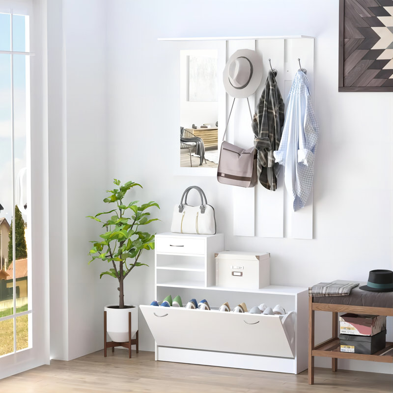 Armoire spacieuse avec armoire à chaussures, étagère suspendue, miroir dans une chambre à coucher grande capacité au fini blanc mat