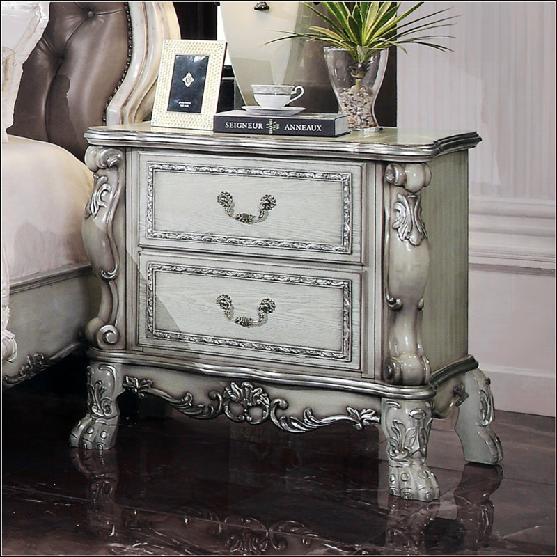 Table de chevet traditionnelle avec 2 tiroirs, Blanc antique