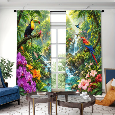 2PCS Tropical Rainforest Waterfall Bird Toucan Parrot Hummingbird Floral Design Thin Light Filtering Curtains, Vivid Jungle Scene Nature Decor, Rod Pocket Window Drapes for Living Room Bedroom Home Decoration