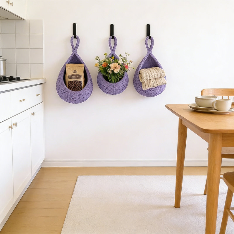 Paniers muraux en corde de coton tissés à la main, 3 paniers de rangement multi-tailles avec crochets pour l'organisation de la cuisine, des fruits, des légumes et de la décoration intérieure