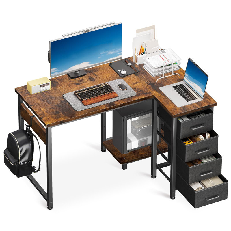 L-Shaped Metal Base Computer Desk, Brown