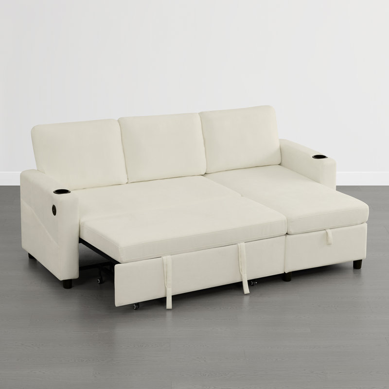 Canapé-lit extensible de 84 po à 3 places avec canapé en L et méridienne avec rangement, Beige