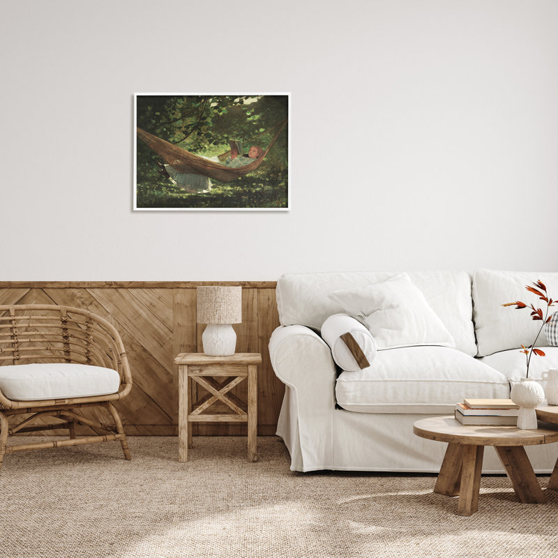 Fille, lecture, hamac, H 24 po x l 30 po x P 1,5 po, Giclée encadrée blanc bord de mer
