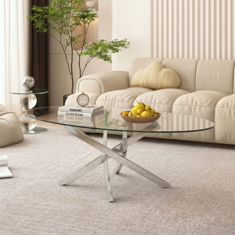 Table basse OVAL, table d'appoint en verre avec pieds 39,37 po, table à thé moderne pour le salon