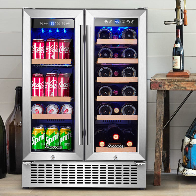 AOBOSI Dual Zone 22.64'' 18 Bottle Wine & Beverage Refrigerator with French Doors