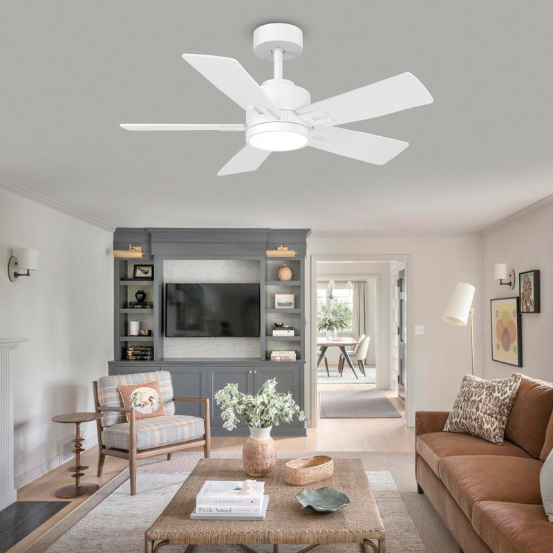 Modern White Smart Ceiling Fan With Light And 5 Wood Blades, 42" Wide