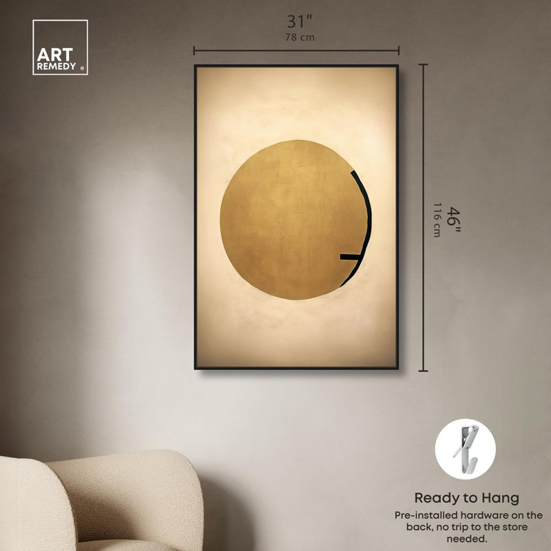 «Odd Moon», toile élégante blanche et dorée par Art Remedy, H 46 po x l 31 po, Cadre noir