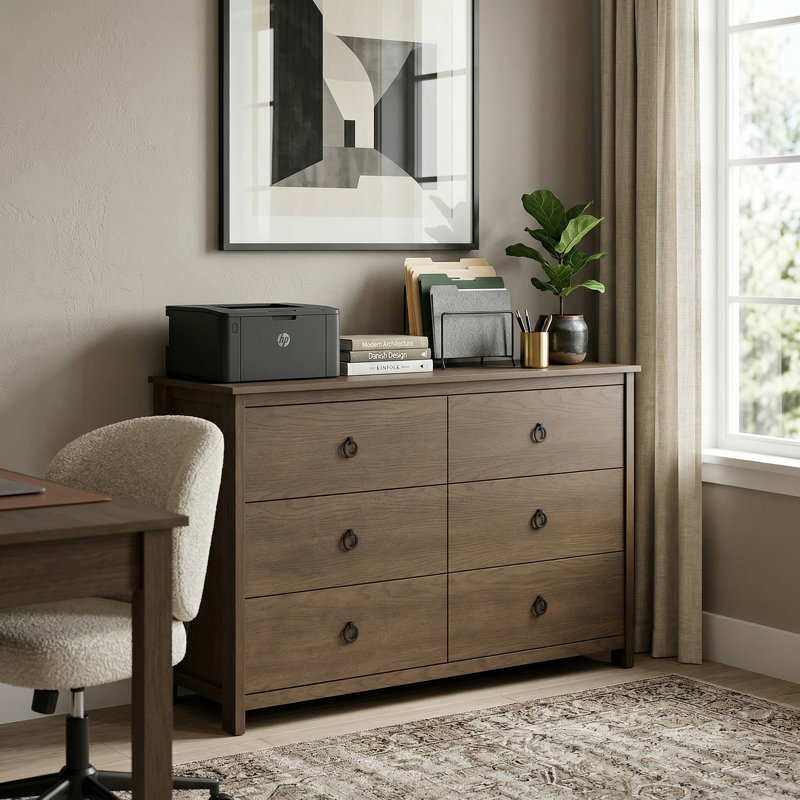 Mucci 47"W Transitional Modern 6 Drawer Double Dresser, Dark Brown Oak
