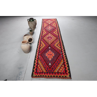 Handwoven Antique Turkish Herki Runner Rug in Vibrant Red Perfect for Enhancing the Aesthetic Appeal of Your Hallways and Living Spaces