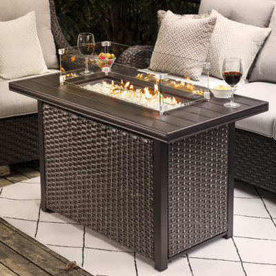 Outdoor 43-inch 50,000 BTU Propane Gas Fire Pit Table, Aluminum Tabletop and PE Rattan Weaved Iron Frame, Water-proof Oxford Cover, Glass Fire Pit Wind Guard, Glass Beads, Lid Included, Dark Brown & Coffee Color