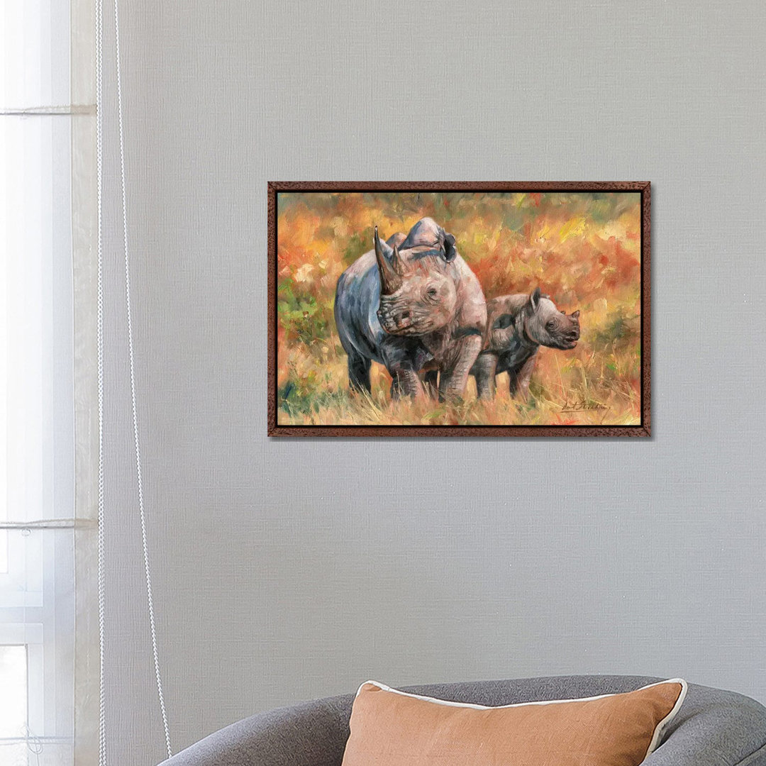 Nashorn und Baby von David Stribbling - Galerie-verpackte Leinwand Giclée