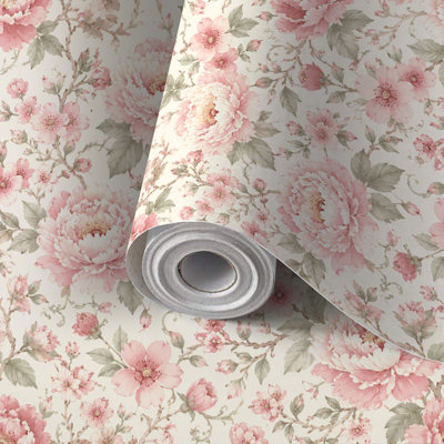 Peel and Stick Wallpaper Contact Paper Vintage Pink Floral Ribbon Bow Cream Self Adhesive and Removable 17.7in x 118in(45x300cm)