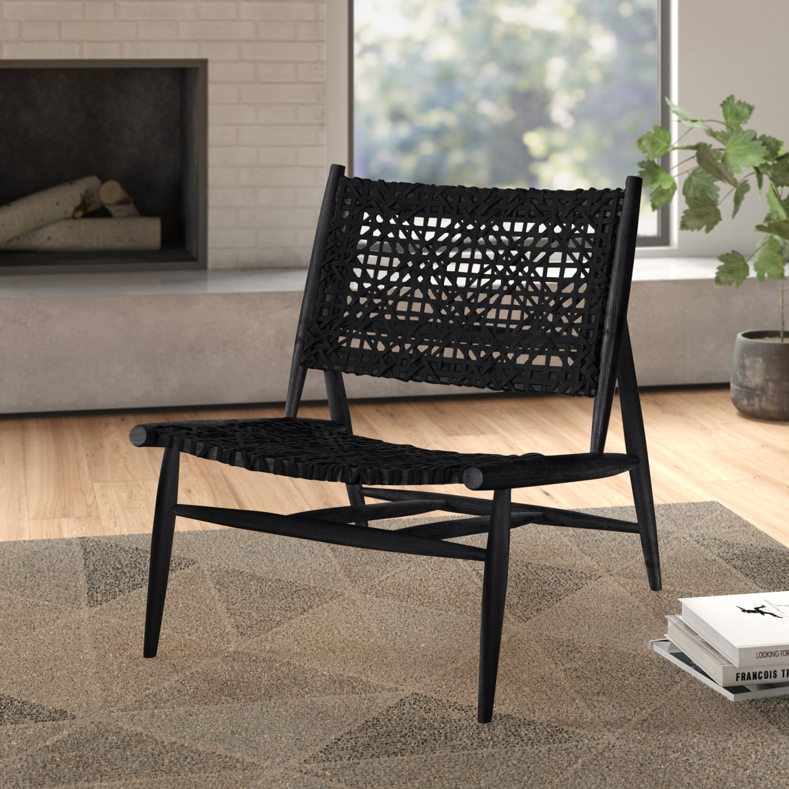 Kazbah Teak Genuine Leather Side Chair, Black Genuine Leather/Black Legs