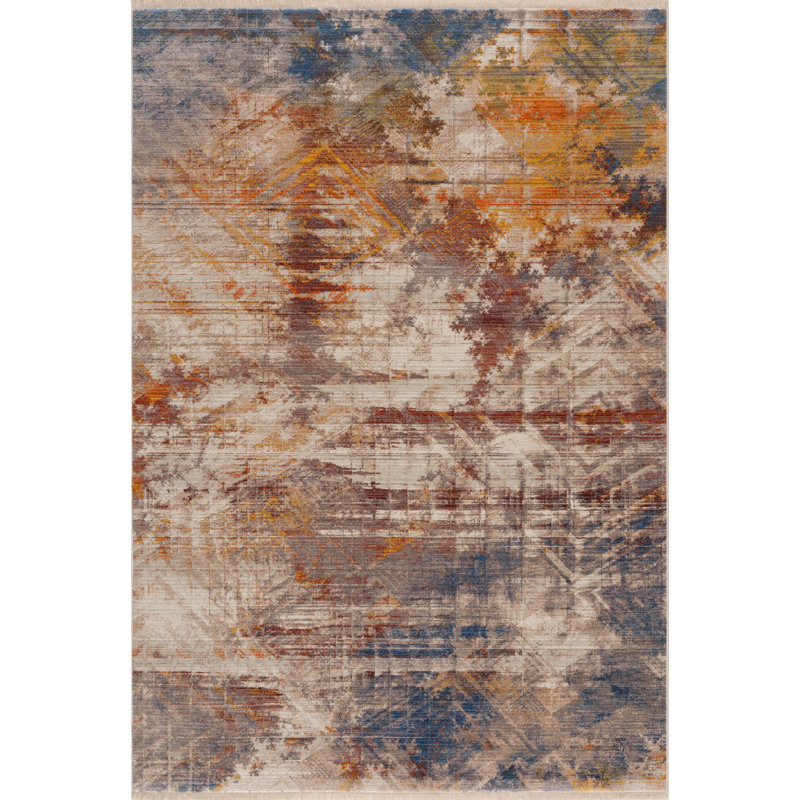 Vintage Overdyed Abstract Performance Area Rug with Fringe, Rectangle 7'9" x 10'