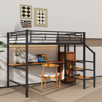 Roomy Full Metal Loft Bed With Study Desk, Storage Stairs, Closet And LED Illumination