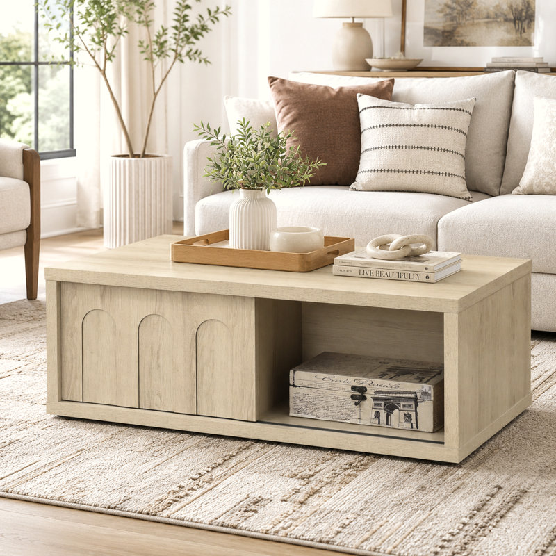 Table basse avec porte coulissante en chêne naturel moderne 39,4 po Abdullah