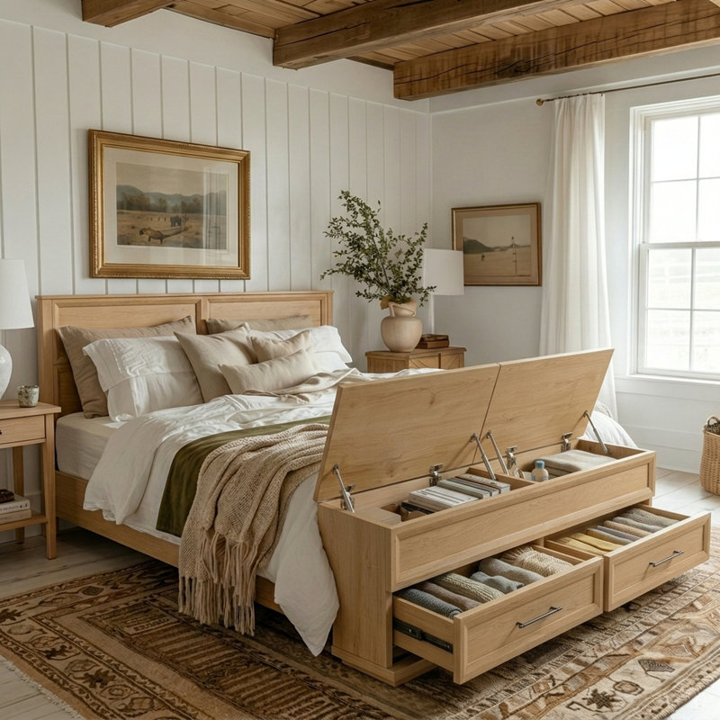 Wood Storage Bed with 4 Drawers and Bench, Geometric Headboard Platform Bed Frame, Oak, King