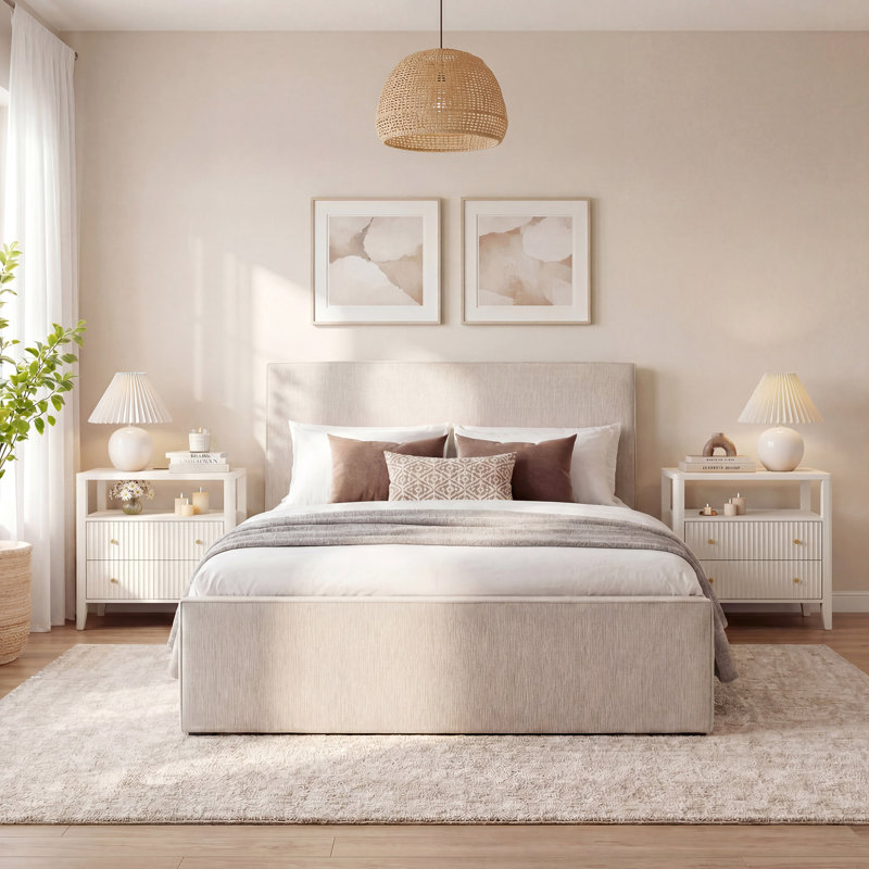 28" Fluted Nightstand Set of 2 with Charging Station, 2 Drawers & Open Shelf, Solid Wood Legs,Cream White, Cream White