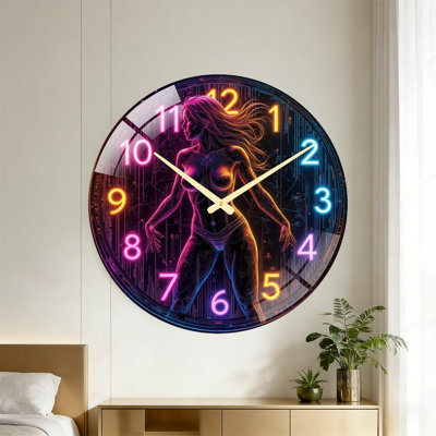 Horloge murale artistique néon avec motif figuratif - Horloge murale moderne en verre de 61 cm (24 po)