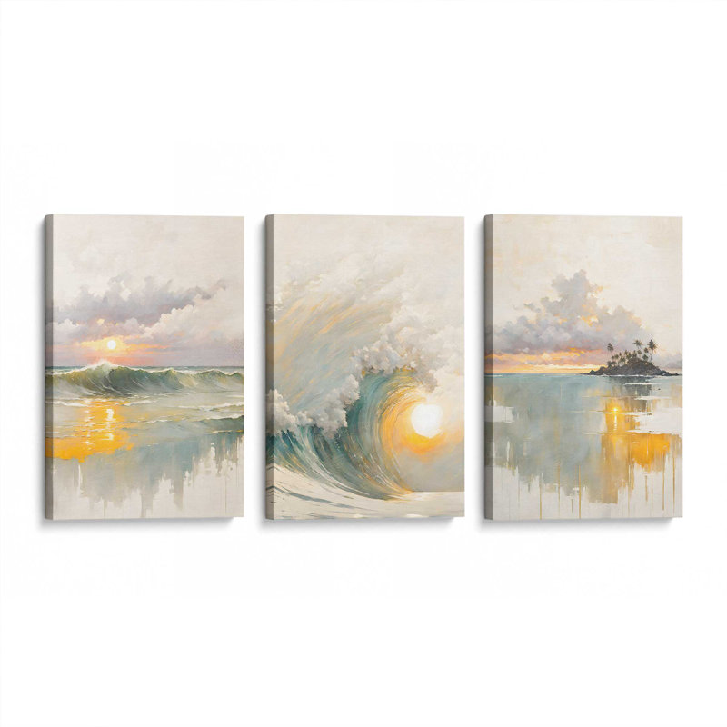 Golden Waves at Sunset Set of 3 Canvas Prints in a Black Frame, 12" x 8", Toile tendue, H 30 po x l 60 po x P 1,25 po