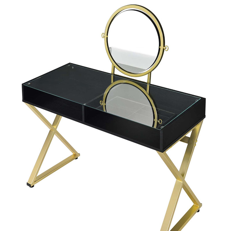 Coleen Vanity Desk w/Mirror & Jewelry Tray, Black & Gold Finish, Black & Gold