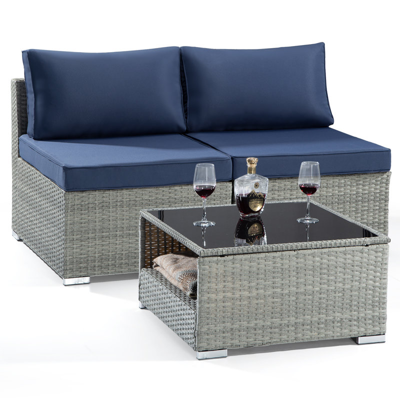50" Wide Outdoor Wicker Loveseat with Cushions, Blue