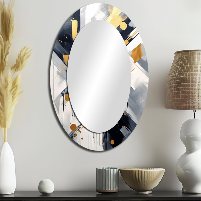 Noir et doré profondeur VI - Miroir décoratif ovale abstrait sur métal, 36 po x 24 po
