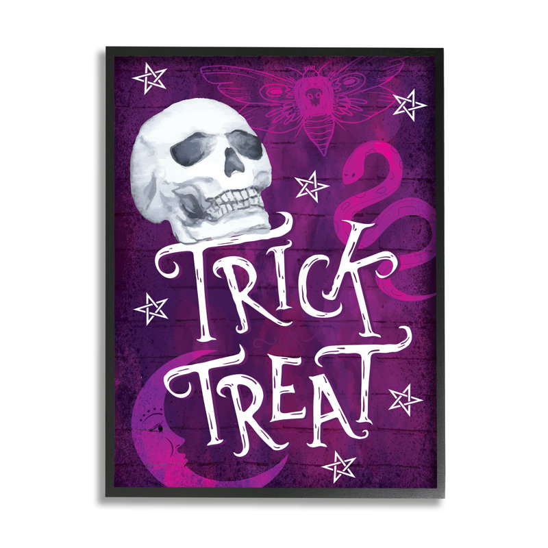 «Trick Or Traite», Halloween mauve, encadré sur bois par ND Art, impression, H 30 po x l 24 po x P 1,5 po