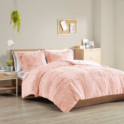 Couette Shaggy Mini Grand/Queen - Couleur Blush Douce et réversible 1 et 2 Taies d'oreiller Élégante et Chaude Inclus